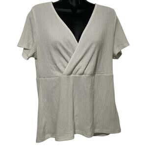 Torrid Womens Blouse Size 0 Large White Ribbed Wrap Surplice Short Sleeve Top